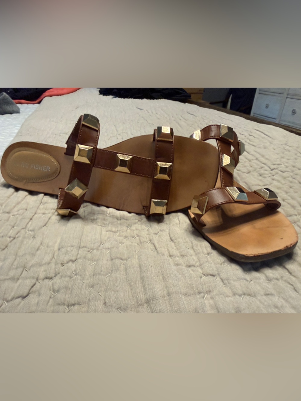 Marc Fisher Brown Leather Slide Sandals with Gold Pyramid Studs